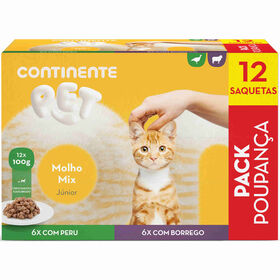 Comida H&uacute;mida para Gato J&uacute;nior Molho Borrego e Peru Saquetas Continente Pet