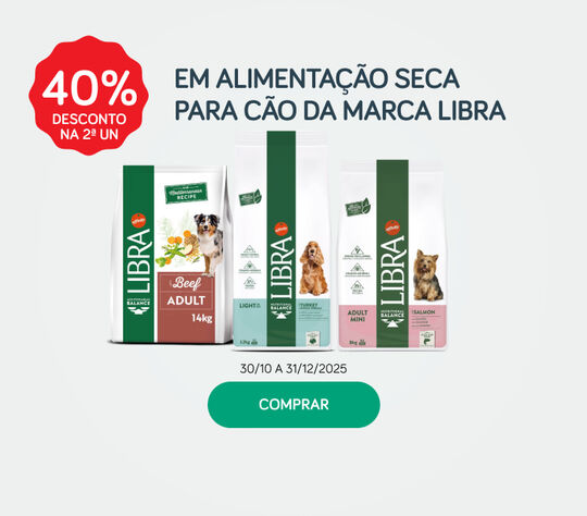 40% desconto na 2ª unidade em alimentação seca para cão da marca Libra