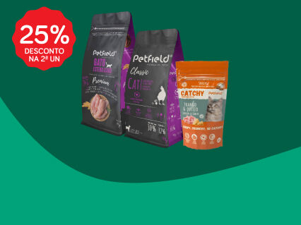 25% Desconto na 2&ordf; unidade em alimenta&ccedil;&atilde;o e snacks Petfield
