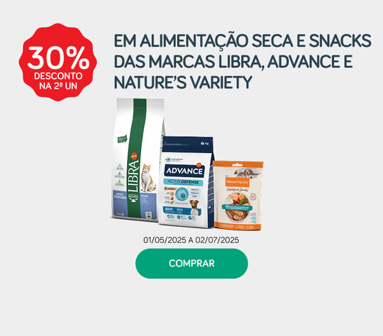 30% desconto na 2ª unidade em alimentação seca e snacks das marcas Libra, Advance e Nature’s Variety