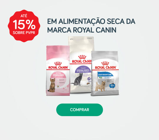 Até 15%PVPR em alimentação seca da marca Royal Canin