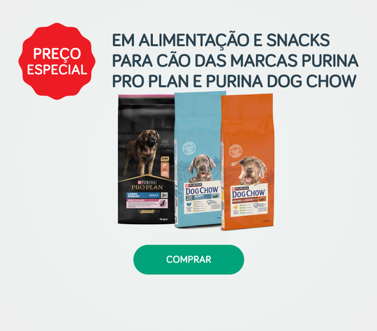 Preço Especial em alimentação e snacks para cão das marcas Purina Pro Plan e Purina Dog Chow Preço Especial em alimentação e snacks para cão das marcas Purina Pro Plan e Purina Dog Chow