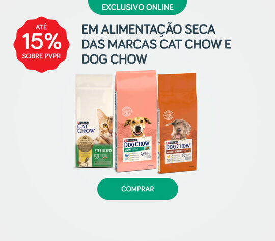 Até 15%PVPr em alimentação seca das marcas Cat Chow e Dog Chow