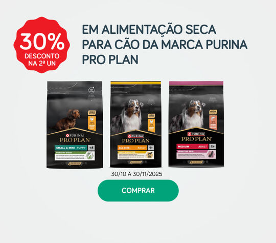 30% desconto na 2ª unidade em alimentação seca para cão da marca Purina Pro Plan 30% desconto na 2ª unidade em alimentação seca para cão da marca Purina Pro Plan