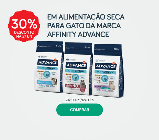 30% Desconto na 2ª unidade em alimentação seca para gato da marca Affinity Advance 30% Desconto na 2ª unidade em alimentação seca para gato da marca Affinity Advance